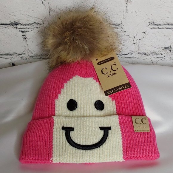 'C.C BEANIE' 'LINED POM-POM'  BEANIE 'HAPPY FACE' - Picture 6 of 15